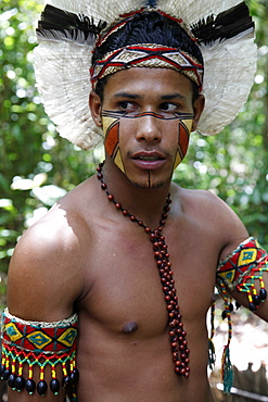 Portrait of a Pataxo Indian man at the Reserva Indigena da Jaqueira near Porto Seguro, Bahia, Brazil, South America