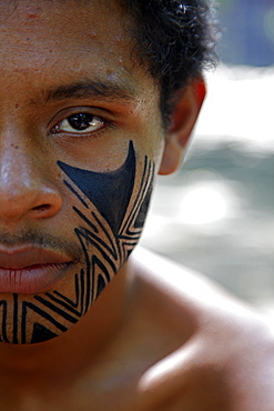 Portrait of a Pataxo Indian man at the Reserva Indigena da Jaqueira near Porto Seguro, Bahia, Brazil, South America