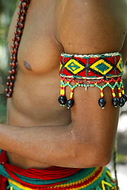 Detail of the costume of the Pataxo Indian people at the Reserva Indigena da Jaqueira near Porto Seguro, Bahia, Brazil, South America