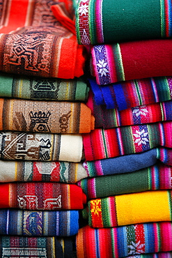 Local carpets made of llama and alpaca wool for sale at the market in Purmamarca, Quebrada de Humahuaca, Jujuy Province, Argentina, South America 