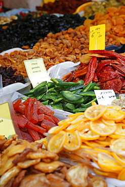 Food on a stall in Shuk HaCarmel market, Tel Aviv, Israel, Middle East 