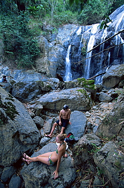 Couple at Argyle waterfall, Tobago, West Indies, Caribbean, Central America