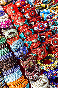 Detail of bracelets and rings at the Tibetan Market in Wednesday Flea Market in Anjuna, Goa, India, Asia