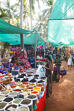 Spice shop at the Wednesday Flea Market in Anjuna, Goa, India, Asia