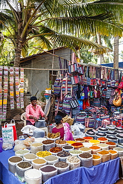 Spice stall at the Wednesday Flea Market in Anjuna, Goa, India, Asia