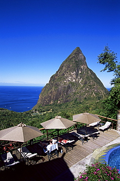 The pool area at the Ladera resort overlooking the Pitons, St. Lucia, Windward Islands, West Indies, Caribbean, Central America