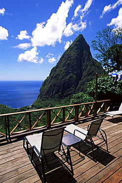 The balcony of one of the villas at the Ladera resort overlooking the Pitons, St. Lucia, Windward Islands, West Indies, Caribbean, Central America