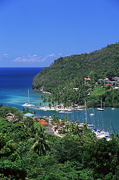 Elevated view over Marigot Bay, St. Lucia, Windward Islands, West Indies, Caribbean, Central America