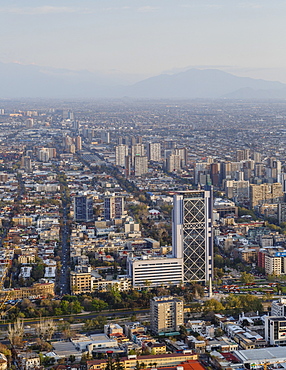 View over Plaza Baquedano and the Telefonica Tower, Cerro San Cristobal, Santiago, Chile, South America