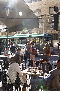 People sitting at Taamon Cafe in Hilel and King George Street crossing, Jerusalem, Israel, Middle East