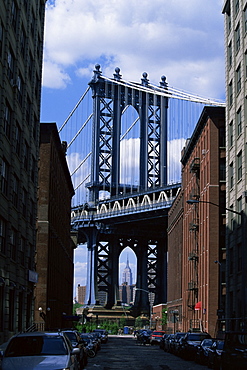 Empire State Building in distance seen through Manhattan Bridge, Brooklyn, New York, New York State, United States of America, North America