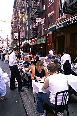 People sitting at an outdoor restaurant, Little Italy, Manhattan, New York, New York State, United States of America, North America