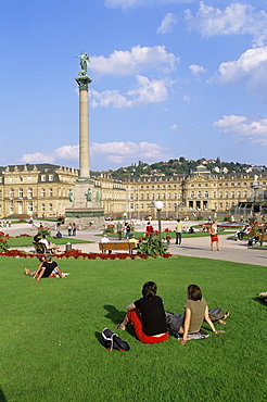 Schlossplatz (Palace Square), King Wilhelm Jubilee column, Neues Schloss, Stuttgart, Baden Wurttemberg, Germany, Europe