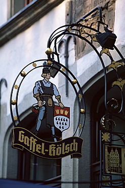 Decorated sign of locally produced beer called Gaffel Kolsch in the Old Town (Altstadt), Cologne, North Rhine Westphalia, Germany, Europe