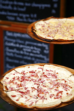 Flammekuche also known as Tarte Flambe, which is a traditional Alsatian pizza, Strasbourg, Alsace, France, Europe