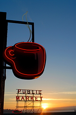 Neon sign for coffee, Post Alley, Seattle, Washington State, United States of America, North America