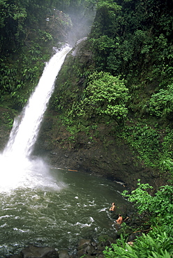 Tourists swimming in falls, La Paz waterfall, near Magia Blanca Nature Reserve, Costa Rica, Central America