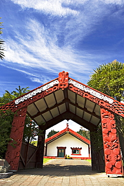 Entrance to a Maori meeting hall, Te Poho-o-Rawiri Meeting House, one of the largest marae in N.Z., Gisborne, North Island, New Zealand, Pacific