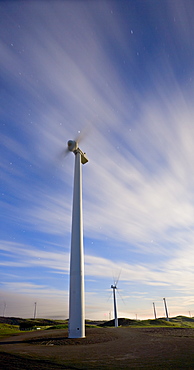 Windmills at dawn in Te Apiti Wind Farm, Palmerston North, Manawatu, North Island, New Zealand, Pacific