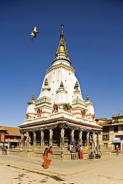 The shikra (shikara) style temple that is the winter residence of the Rato Machendranath, a carved figure of a Hindu deity, Bungamati, Kathmandu valley, Nepal, Asia