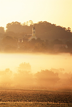 Grafrath Monastery in fog, at sunrise, Bavaria, Germany, Europe