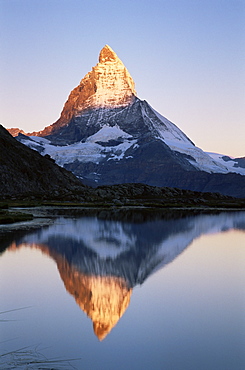 Matterhorn from Riffelsee at dawn, Zermatt, Swiss Alps, Switzerland, Europe