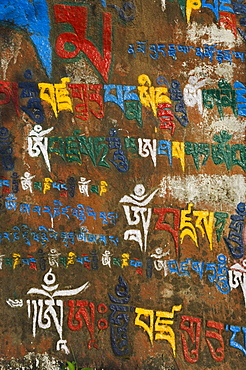 Mani stone detail, McLeod Ganj, Dharamsala, Himachal Pradesh state, India, Asia