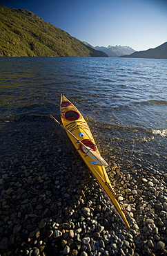 Kyak on the shore of Lago Puelo, Puelo National Park, El Bolson, Rio Negro, Argentina, South America