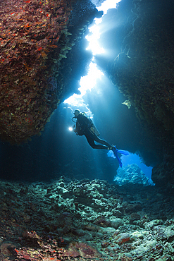 Scuba Diver inside Cave, Cave Reef, Red Sea, Egypt