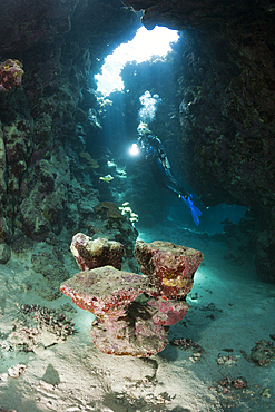 Scuba Diver inside Cave, Cave Reef, Red Sea, Egypt