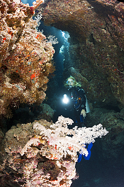 Scuba Diver inside Cave, Zabargad, Red Sea, Egypt