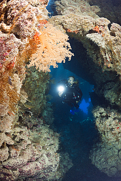 Scuba Diver inside Cave, Zabargad, Red Sea, Egypt