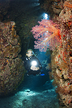 Scuba Diver inside Cave, Zabargad, Red Sea, Egypt