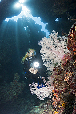 Scuba Diver inside Cave, Zabargad, Red Sea, Egypt