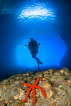 Scuba Diver inside Green Cave, Vis Island, Mediterranean Sea, Croatia