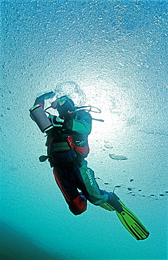 Ice diving, Scuba diver under ice, Austria, Tirol