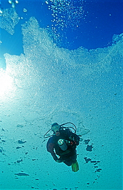 Ice diving, Scuba diver under ice, Austria, Tirol