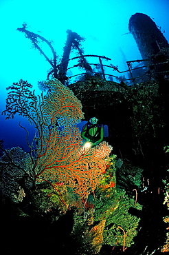 Unknown ship wreck and scuba diver, Papua New Guinea, Bismark Sea