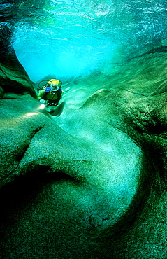 Scuba diving in a freshwater river, scuba diver, Switzerland, Tessin, Verzasca, Verzasca Valley, Verzasca river