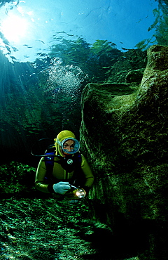 Scuba diving in a freshwater river, scuba diver, traun, Austria, Steiermark, Gruener See