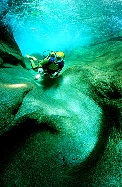 Scuba diving in a freshwater river, scuba diver, Switzerland, Tessin, Verzasca, Verzasca Valley, Verzasca river