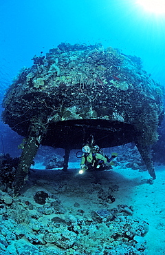 Scuba diver and Jacques Cousteau's Precontinent 2, Shaab Rhumi, Sudan, Red Sea, Africa