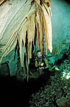 Scuba diver in underwater cave, Cueva Taina, Punta Cana, Freshwater, Dominican Republic, West Indies, Caribbean, Central America