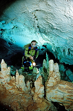 Scuba diver in underwater cave, Cueva Taina, Punta Cana, Freshwater, Dominican Republic, West Indies, Caribbean, Central America