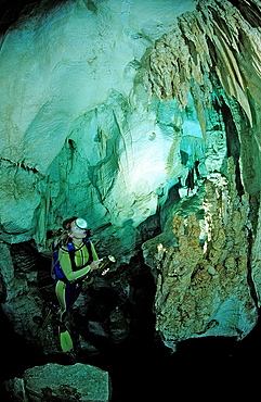 Scuba diver in underwater cave, Cueva Taina, Punta Cana, Freshwater, Dominican Republic, West Indies, Caribbean, Central America