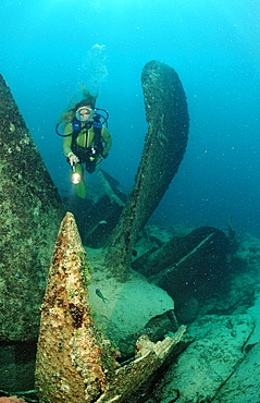 Scuba diver in and propeller of ship wreck Astron, Punta Cana, Dominican Republic, Caribbean, Central America