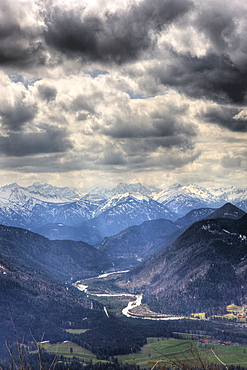 View from the Seekarkreuz to Karwendel Mountains and Isar, Germany, Mangfall Mountains, Bavaria