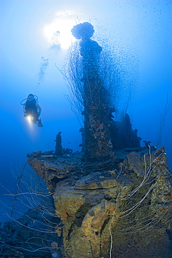 Diver at Tower of USS Apogon Submarine, Marshall Islands, Bikini Atoll, Micronesia, Pacific Ocean