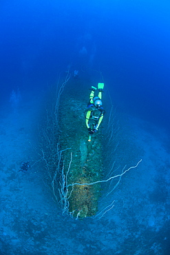 Diver over Bow of USS Apogon Submarine, Marshall Islands, Bikini Atoll, Micronesia, Pacific Ocean