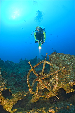 Diver discover Wheel and Wreckage at USS Carlisle Attack Transporter, Marshall Islands, Bikini Atoll, Micronesia, Pacific Ocean